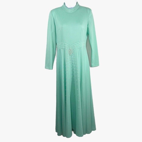 Vintage Mod Pearls Formal Maxi Dress Sz 12 Green Mock Neck Long Sleeve Back Zip - Picture 1 of 8